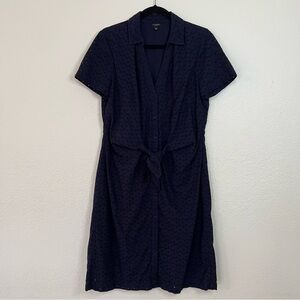 Talbots Midi Shirt Eyelet Cotton Dress Navy Blue Button Short‎ Sleeve -  Size 10